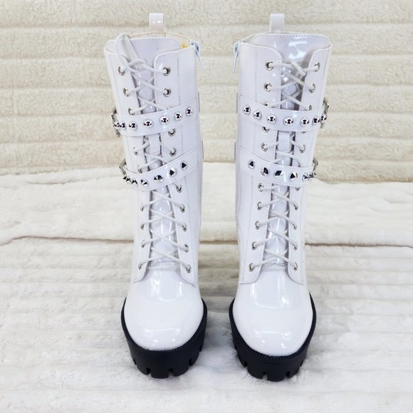 Bright White Patent Lug Sole Studded Strap Ankle Boots Temptress - Picture 6 of 12